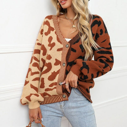 Leopard Print Cardigan Women Knitted Sweater