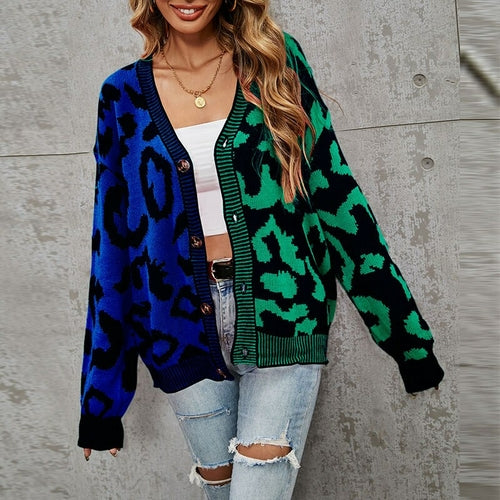 Leopard Print Cardigan Women Knitted Sweater