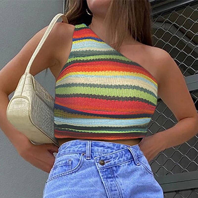 Striped Sexy One-shoulder Women Tank Top