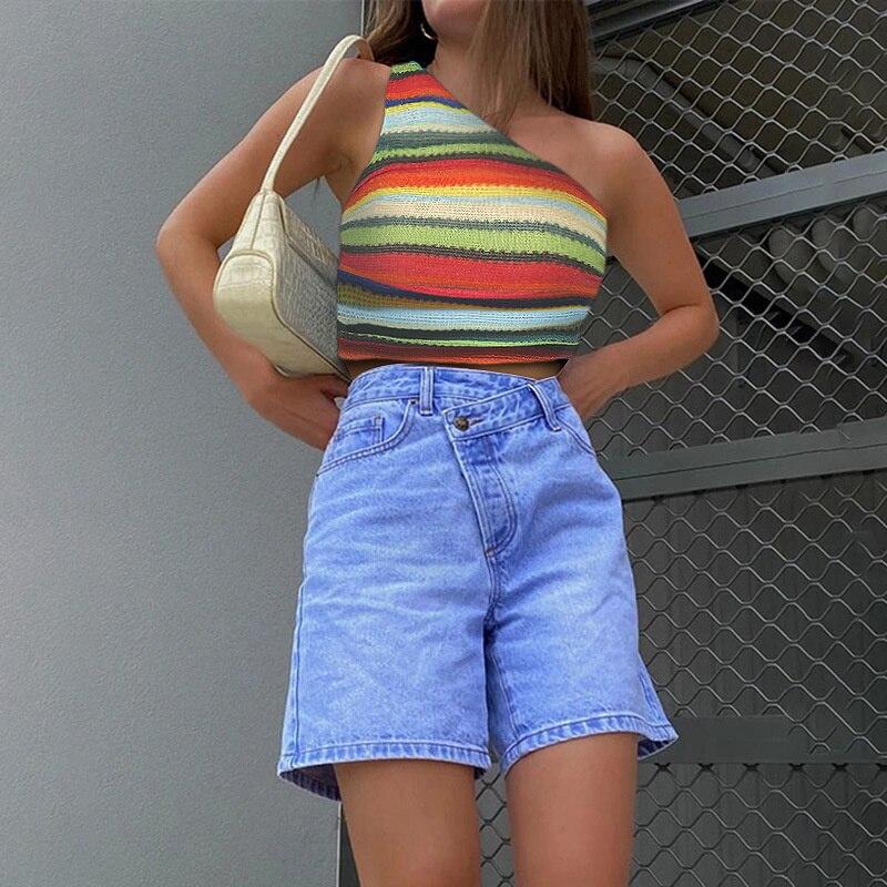 Striped Sexy One-shoulder Women Tank Top