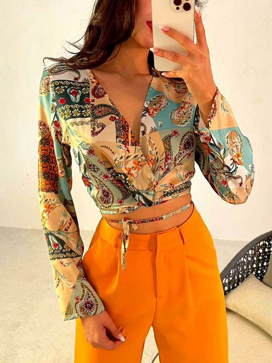 V Neck Lace-up Shirt and High Waist Shorts Suits