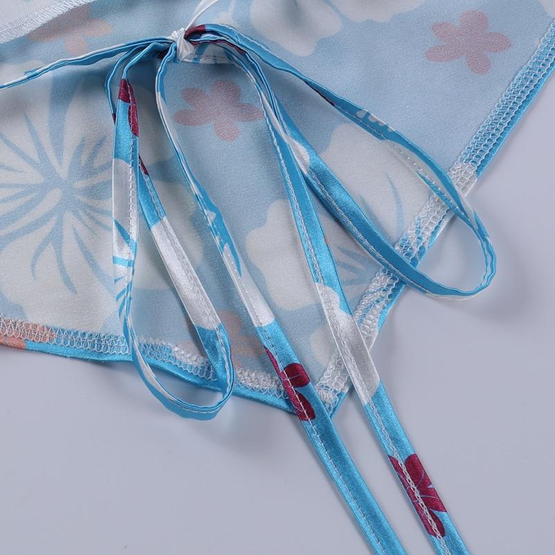 Satin Blue Y2k Crop Top Bandage Backless Floral Print Off Shoulder V