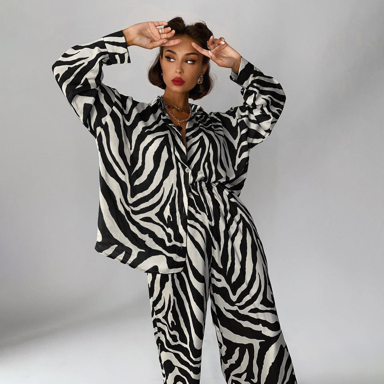 Stripes Pants Set Long Sleeve Blosue Matching Wide Trousers Suit