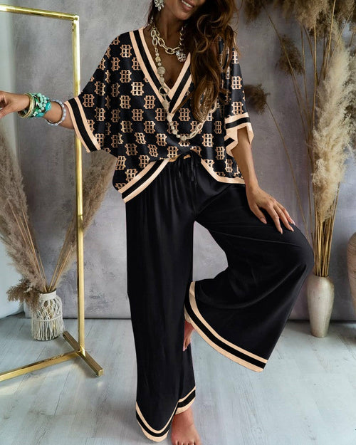 Printed Batwing Sleeve Casual Top and Wide Leg Pants Set