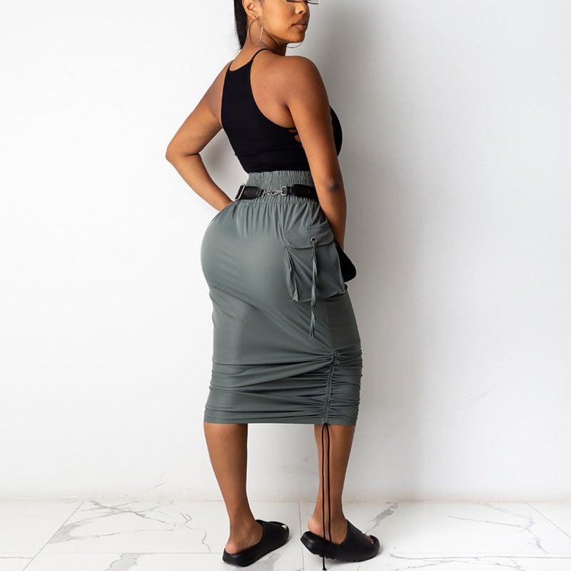 Casual High Waist Drawstring Detail Bodycon Midi Skirt