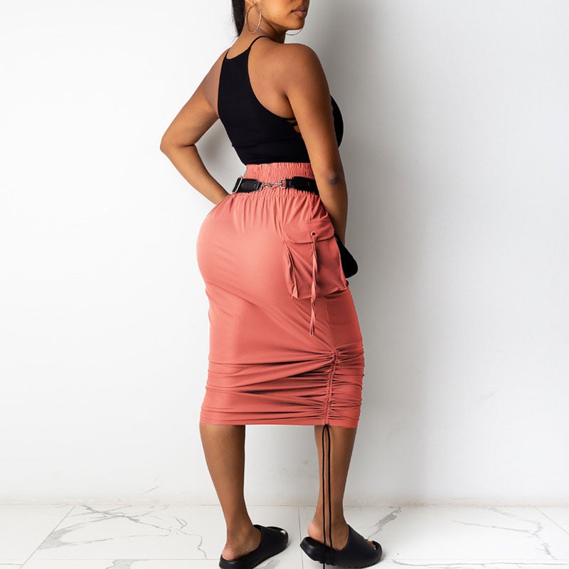 Casual High Waist Drawstring Detail Bodycon Midi Skirt