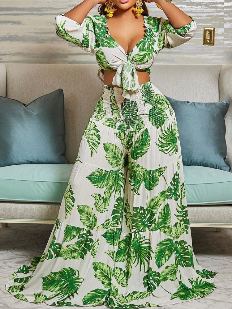 Two Piece Leaf Printed Summer Suits Tie Front Crop Top &Wide Leg Loose