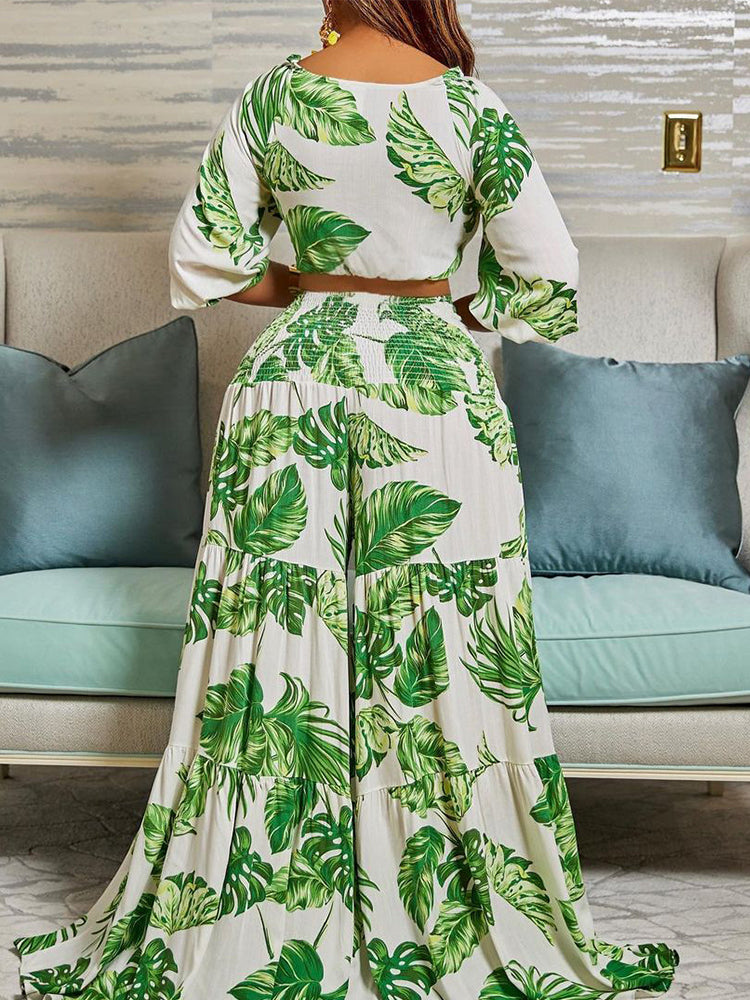 Two Piece Leaf Printed Summer Suits Tie Front Crop Top &Wide Leg Loose