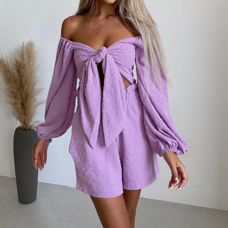Long Sleeve Bowknot Crop Tops And Pocket Beach Short Suit