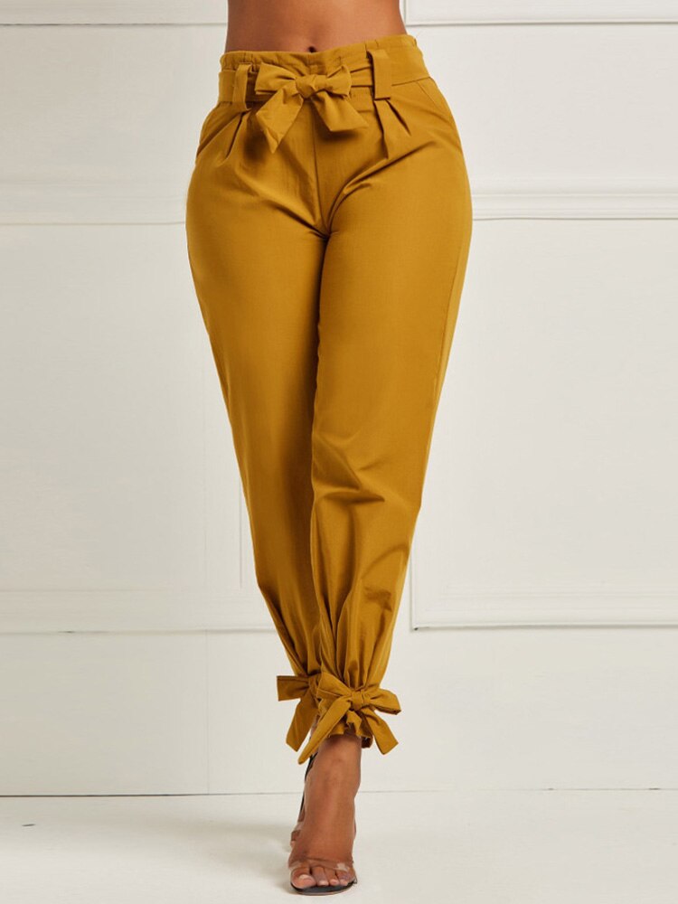 Solid Casual High Waist Pencil Pants with Belt