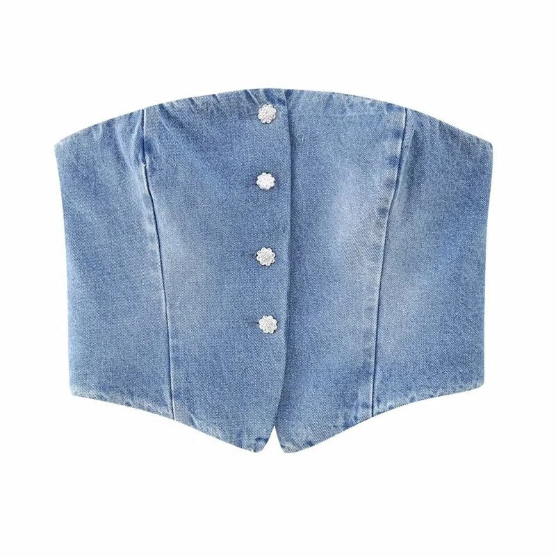 Off Shoulder Denim Top Blue Corset Crop Top