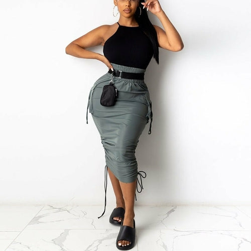 Casual High Waist Drawstring Detail Bodycon Midi Skirt