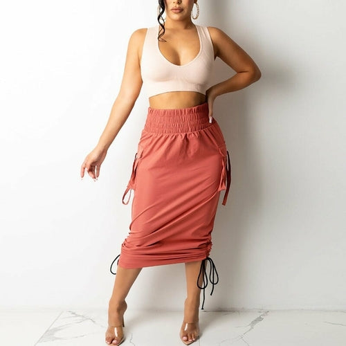 Casual High Waist Drawstring Detail Bodycon Midi Skirt