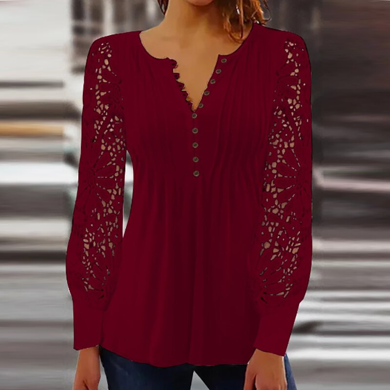 Solid Embroidery Lace Blouse Shirts