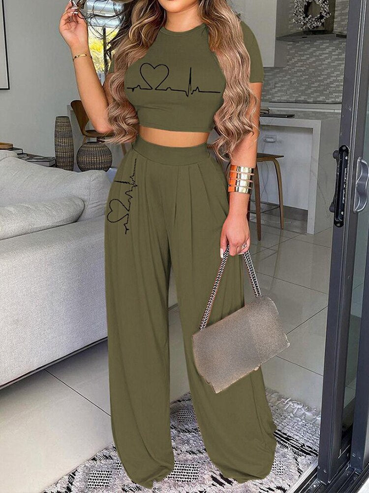 High-waisted Wide Leg Trousers with Crop Top