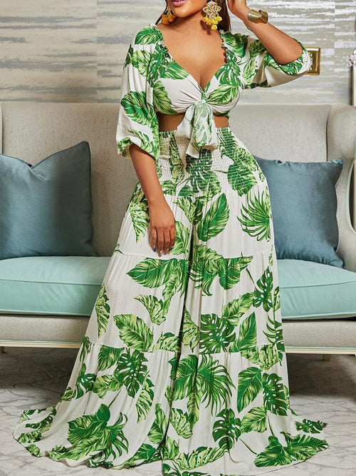 Two Piece Leaf Printed Summer Suits Tie Front Crop Top &Wide Leg Loose