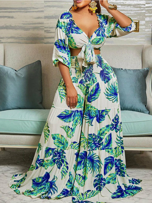 Two Piece Leaf Printed Summer Suits Tie Front Crop Top &Wide Leg Loose