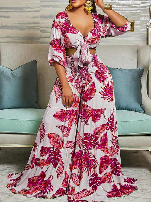 Two Piece Leaf Printed Summer Suits Tie Front Crop Top &Wide Leg Loose