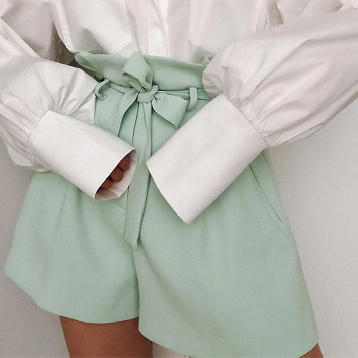 Women High Waist Pants Tie Flare Shorts With Pockes Ladies Pink Mint
