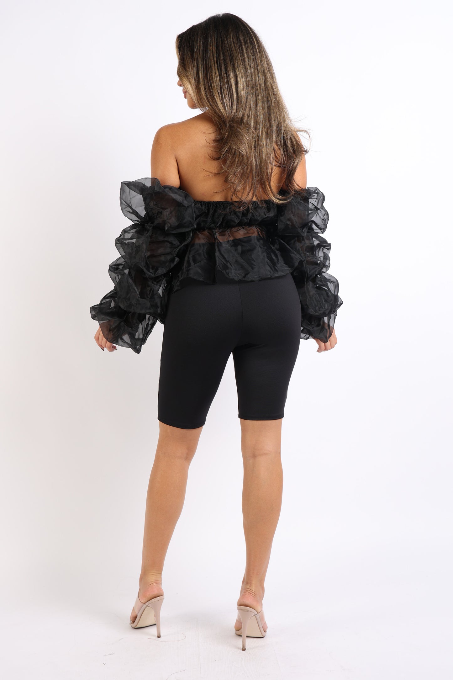 Sexy Organza Sleeve Detailed Top & Matching Shorts 2 Piece Set Black