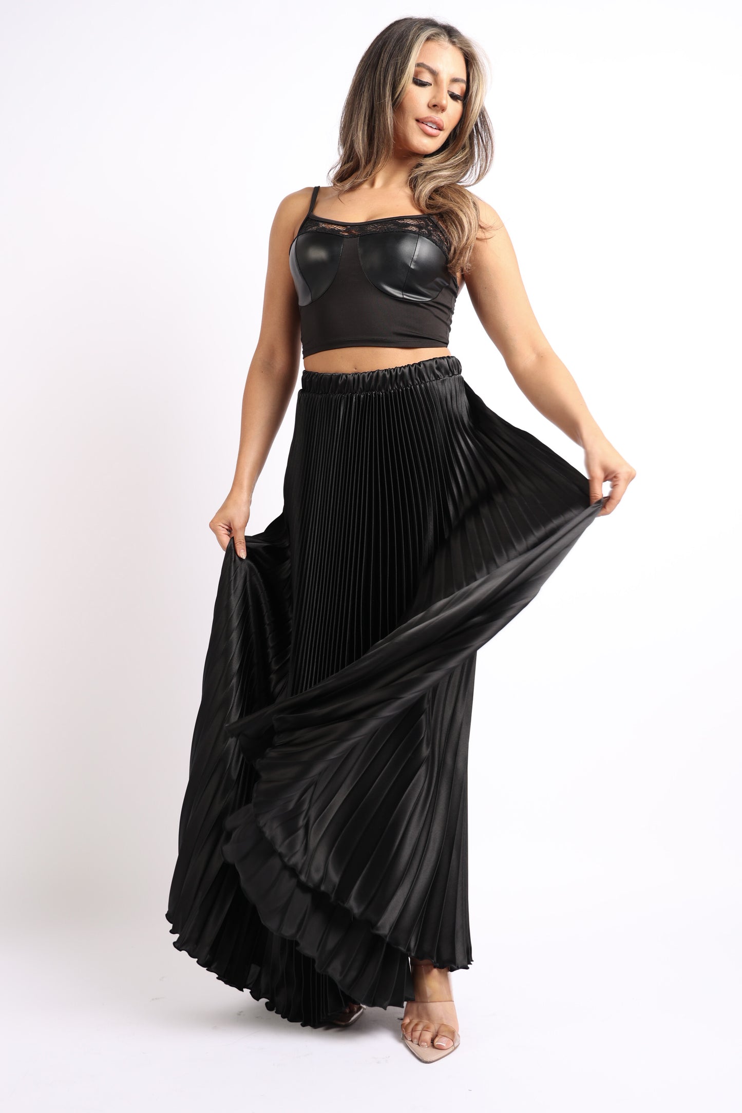Elastic High Waist A-Line Pleated Satin Maxi Skirt Formal Prom BLACK