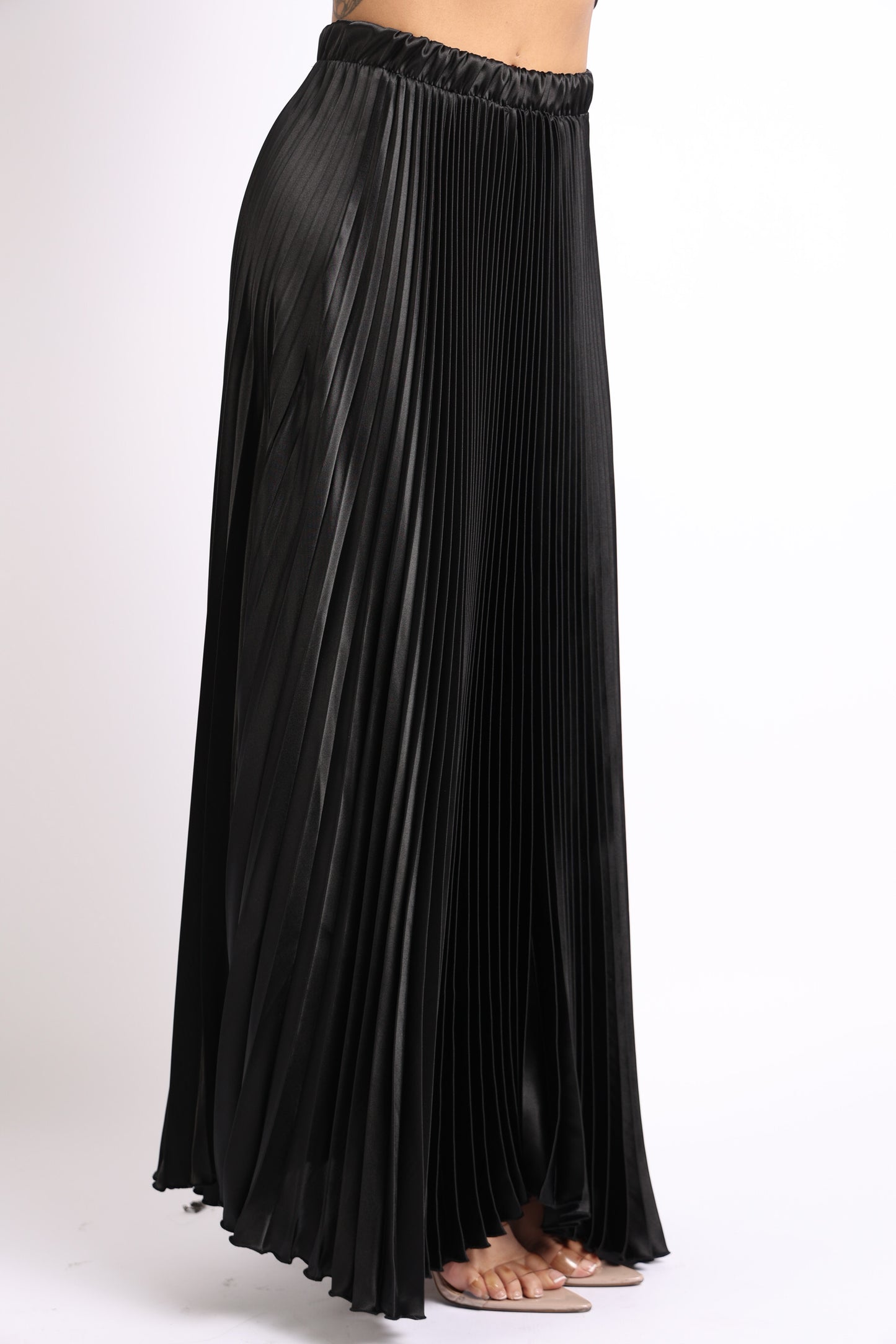 Elastic High Waist A-Line Pleated Satin Maxi Skirt Formal Prom BLACK