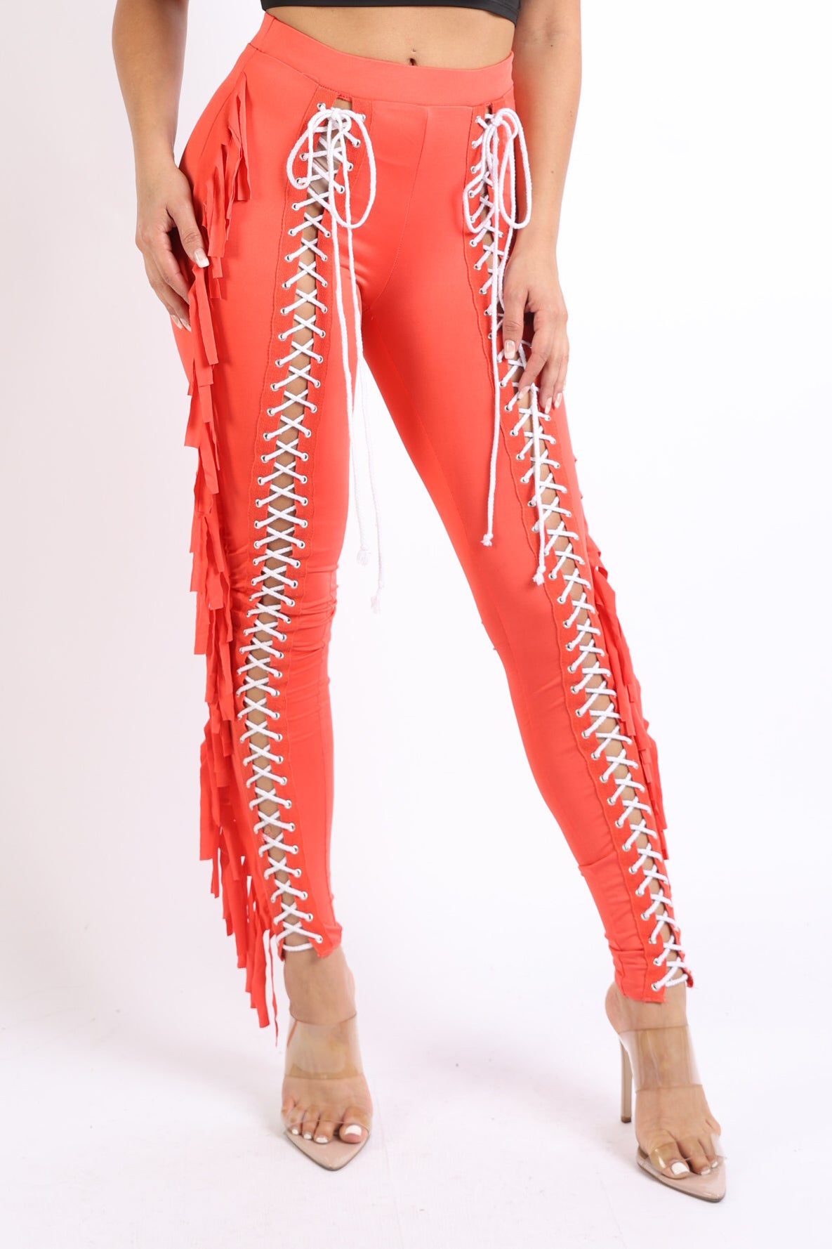 Chic Lace up Detailed Fringe Tassel Pants Leggings BLACK