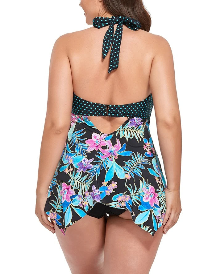 Neon Tropical Print Handkerchief Halter Tankini Set